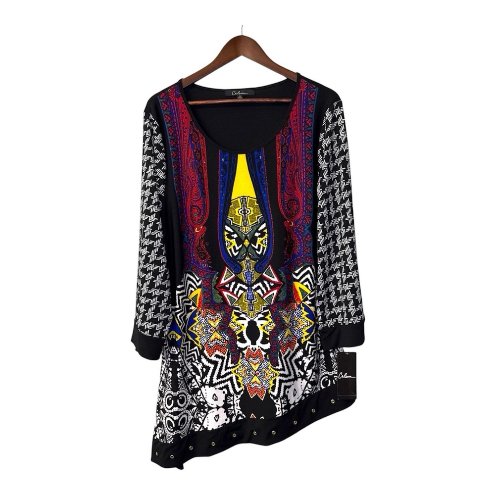 Calessa blouse women's 1X mixed print liquid knit asymmetrical whimsigoth NEW